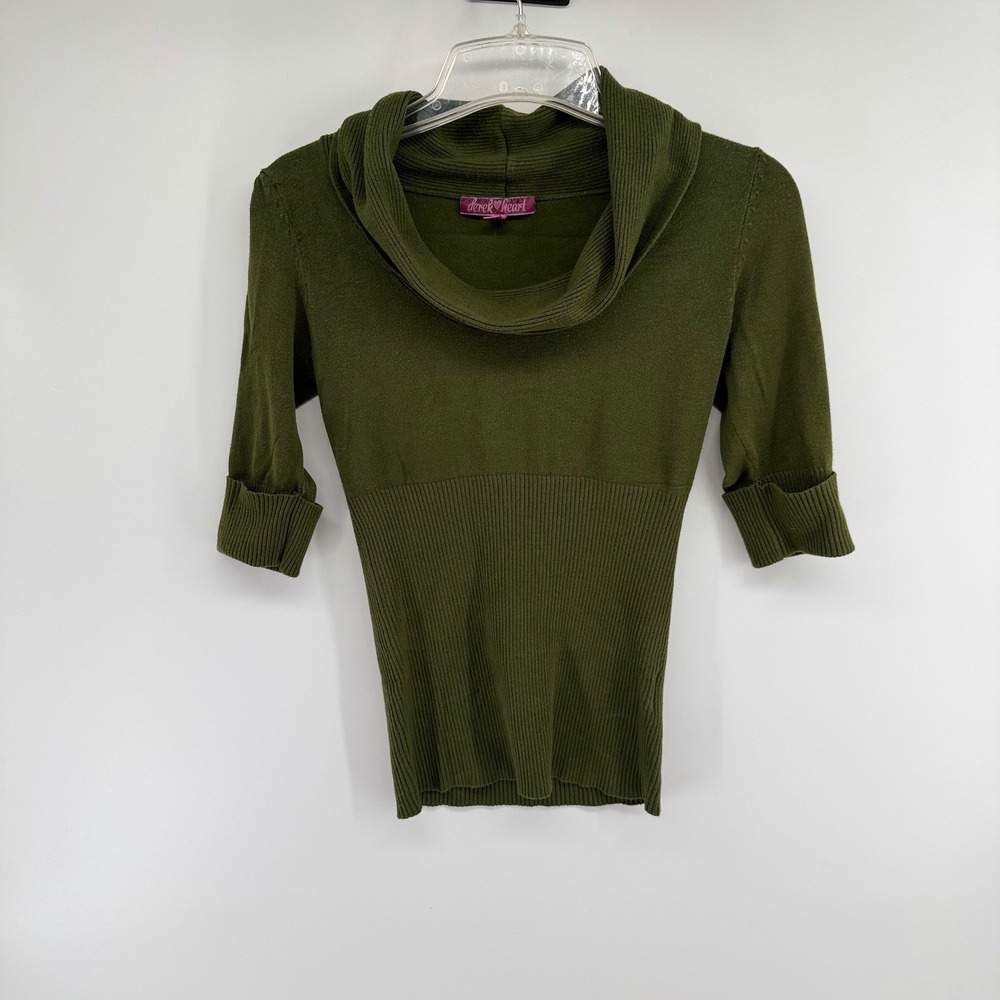 Y2K Derek Heart Olive Green Cowl Neck Ribbed Waist 3/4 Sleeve Knit Top Womens M